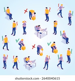 Improper correct posture maintaining with good body parts alignment walking sitting lifting objects isometric set vector illustration