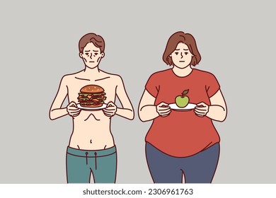 Improper diet led to anorexia or obesity due to metabolic problems or not meeting norm of calories and carbohydrates. Thin man and fat woman need right diet and help of nutritionist doctor