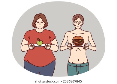 Improper diet led to anorexia or obesity due to metabolic problems or not meeting norm of calories and carbohydrates. Thin man and fat woman need right diet and help of nutritionist doctor