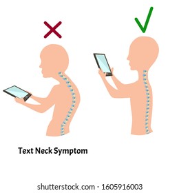 Improper posture symptoms. Text Neck Syndrome. Spinal curvature, kyphosis, lordosis, scoliosis, arthrosis. Improper posture and stoop. Infographics. Vector illustration.