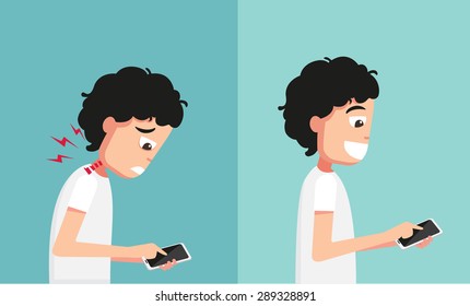 Improper vs proper hand holding and playing smart phone illustration,vector