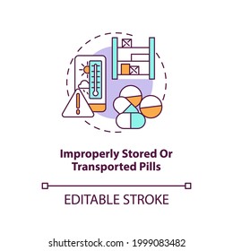 Improperly stored or transported pills concept icon. Online pharmacy idea thin line illustration. Unregistered pharmacies threats. Vector isolated outline RGB color drawing. Editable stroke