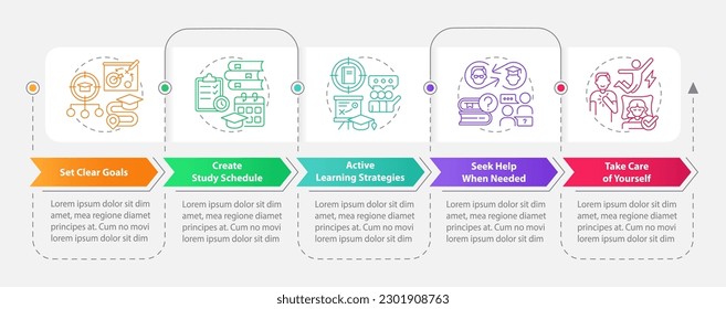 Improve academic achievement rectangle infographic template. Data visualization with 5 steps. Editable timeline info chart. Workflow layout with line icons. Myriad Pro-Bold, Regular fonts used