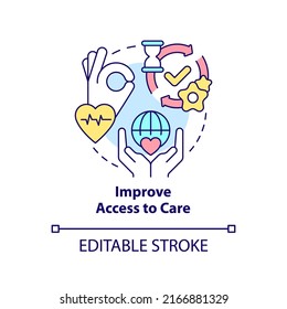 Improve access to care concept icon. Building better health system abstract idea thin line illustration. Telemedicine. Isolated outline drawing. Editable stroke. Arial, Myriad Pro-Bold fonts used