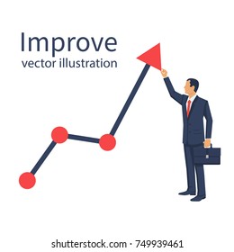 Improve business concept. Changing direction. Growth graph trade. Vector flat design. Profit Stock Market. Businessman raises schedule upwards. Man changing direction business chart. Financial diagram