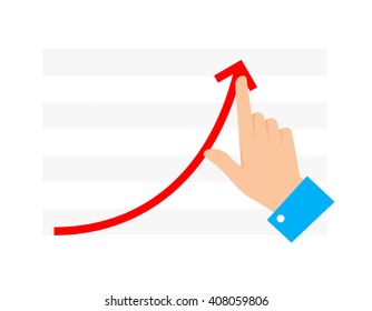 Improve business concept. Flat illustration of chart graph and hand. Businessman push growth arrow to improve progress and get profit. Vector infographic element for web, publishing, social networks.