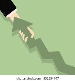 Improve business concept. Flat illustration of chart and hand. Businessman pull growth arrow graph to improve progress and success