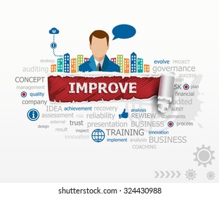 Improve concept word cloud and business man. Improve design illustration concepts for business, consulting, finance, management, career.