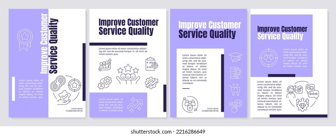 Mejorar la calidad del servicio al cliente mediante la plantilla de folletos morados. Diseño del prospecto con iconos lineales. Editable 4 diseños vectoriales para presentación, informes anuales. Anton, fuentes Lato-Regular usadas