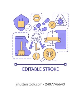 Mejorar el icono del concepto de ciberseguridad. Protección de smartphone. Eliminar hacker. Borrar virus, malwares idea abstracta ilustración de línea delgada. Dibujo de contorno aislado. Trazo editable. Tipo de letra arial utilizado