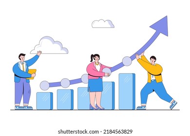 Improve or development to raise performance, growth or progress to reach goal and target, grow business sales and profit concepts. Businesspeople increasing graph investment revenue with line arrow.