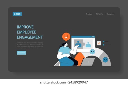 Mejorar el concepto de participación de los empleados Profesional de recursos humanos involucrado con herramientas digitales para mejorar la moral de la fuerza laboral Ilustración vectorial destacando la satisfacción laboral