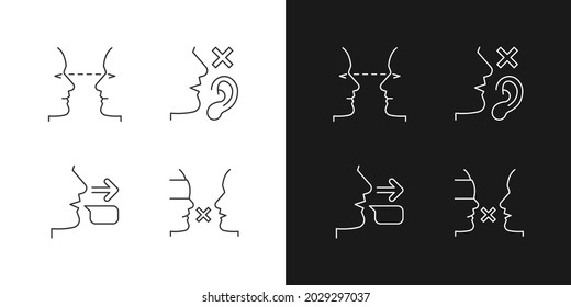 Improve everyday communication linear icons set for dark and light mode. Eye contact. Language disabilities. Customizable thin line symbols. Isolated vector outline illustrations. Editable stroke