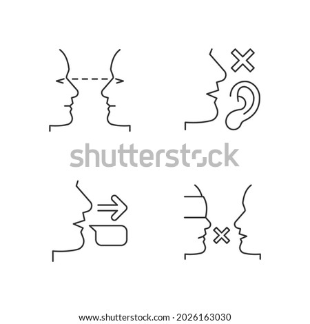 Improve everyday communication linear icons set. Eye contact. Language disabilities. Message sender. Customizable thin line contour symbols. Isolated vector outline illustrations. Editable stroke