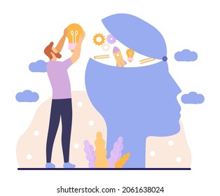 Mejorar la calificación laboral. El hombre pone nuevas ideas en su cabeza. Metáfora para el desarrollo profesional y la adquisición de conocimientos. Aptitud. Dibujo vectorial plano de dibujos animados aislado en fondo blanco