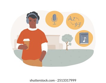 Improve listening skills isolated cartoon vector illustrations. Boy improving his language listening skills with audiobook and podcast, distance learning, virtual education vector cartoon.