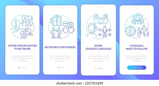 Improve networking skills blue gradient onboarding mobile app screen. Sociable walkthrough 4 steps graphic instructions with linear concepts. UI, UX, GUI template. Myriad Pro-Bold, Regular fonts used
