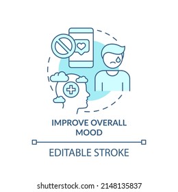 Improve overall mood turquoise concept icon. Depression issue. Social media detox abstract idea thin line illustration. Isolated outline drawing. Editable stroke. Arial, Myriad Pro-Bold fonts used