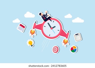 Improve productivity or efficiency, time management to finish within deadline, performance improvement or success concept, businessman riding fast flying clock with jetpack increasing productivity.
