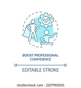 Improve professional confidence blue concept icon. Upgrading job competencies abstract idea thin line illustration. Isolated outline drawing. Editable stroke. Arial, Myriad Pro-Bold fonts used