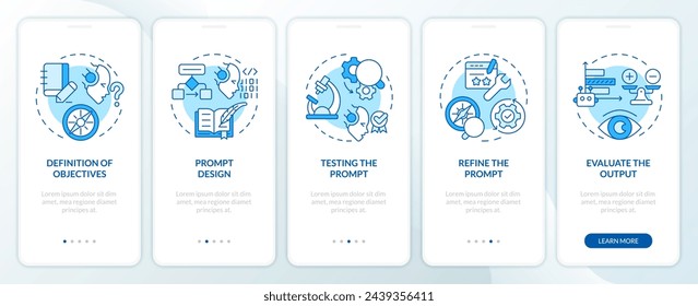 Improve prompt engineering process blue onboarding mobile app screen. Walkthrough 5 steps editable graphic instructions with linear concepts. UI, UX, GUI template. Myriad Pro-Bold, Regular fonts used