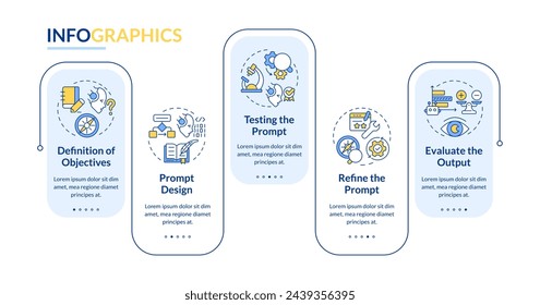 Improve prompt engineering processes blue rectangle infographic template. Data visualization with 5 steps. Editable timeline info chart. Workflow layout with line icons. Lato-Bold, Regular fonts used