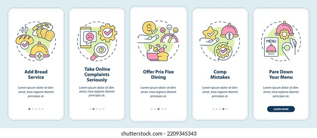 Improve restaurant customer satisfaction onboarding mobile app screen. Walkthrough 5 steps editable graphic instructions with linear concepts. UI, UX, GUI template. Myriad Pro-Bold, Regular fonts used