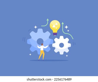 Improve self-quality, self-development, creative and innovative thinking processes. an entrepreneur or employee tries to move or twist the gears to gain knowledge. illustration concept design. vector 