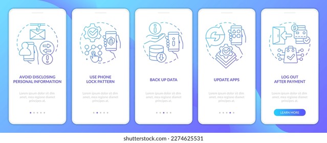 Improve smartphone security blue gradient onboarding mobile app screen. Walkthrough 5 steps graphic instructions with linear concepts. UI, UX, GUI template. Myriad Pro-Bold, Regular fonts used