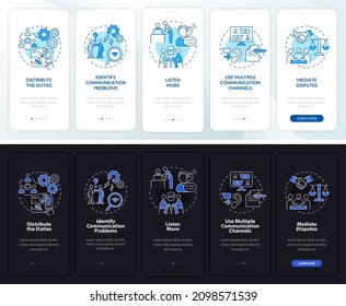 Improve teamwork night and day mode onboarding mobile app screen. Tips walkthrough 5 steps graphic instructions pages with linear concepts. UI, UX, GUI template. Myriad Pro-Bold, Regular fonts used