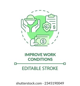 Improve work conditions green concept icon. Worker protection. Medical insurance. Farm industry. Safe environment. Round shape line illustration. Abstract idea. Graphic design. Easy to use