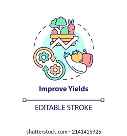 Improve Yields Concept Icon. Crop And Fertility. Shift To Regenerative Culture Abstract Idea Thin Line Illustration. Isolated Outline Drawing. Editable Stroke. Arial, Myriad Pro-Bold Fonts Used