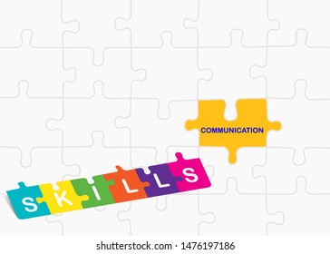 Improve your communication skills template vector of 3d inscription SKILLS on puzzle pieces. Blank white puzzle pieces are in the background.