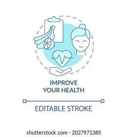 Improve Your Health Blue Concept Icon. Healthy Products Abstract Idea Thin Line Illustration. Boost Wellbeing With Diet. Organic Foods. Vector Isolated Outline Color Drawing. Editable Stroke