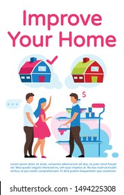 Improve your home poster template layout. Family choose wall paint. House interior renovation. Banner, booklet, leaflet print design. Vector brochure page layouts for magazines, advertising flyers
