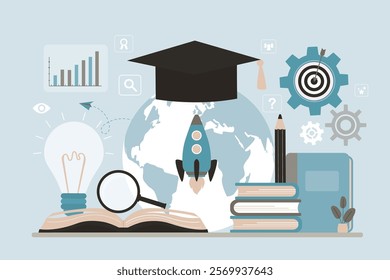 Improve your skills, learn new things or develop knowledge for new skills. Creative ideas of light bulb, various books and rocket take off. Graduation hat on worldwide. Education, business development