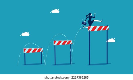 Improve Yourself And Overcome Big Obstacles. Businesswoman Jumping Over Obstacles