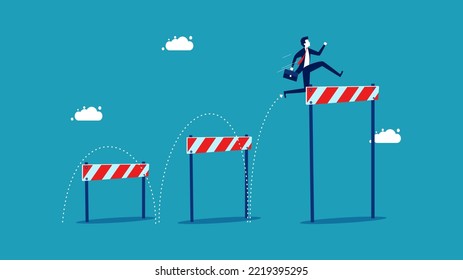 Improve Yourself And Overcome Big Obstacles. Businessman Jumping Over Obstacles