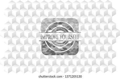 Improve yourself retro style grey emblem with geometric cube white background