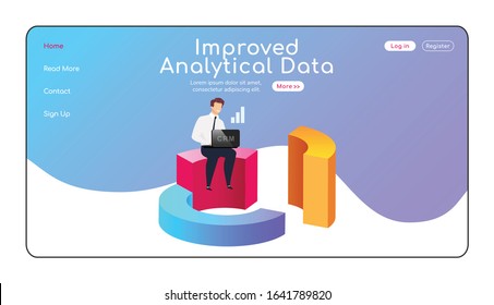 Improved analytical data landing page flat color vector template. Man sitting on diagram homepage layout. CRM one page website interface with cartoon character. Info analyzing web banner, webpage