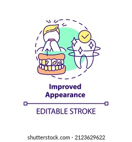 Improved Appearance Concept Icon. Cosmetic Dentistry Benefit Abstract Idea Thin Line Illustration. Regular Dentist Visits. Isolated Outline Drawing. Editable Stroke. Arial, Myriad Pro-Bold Fonts Used