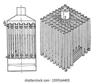 Improved Boilers that have been improved for use in coaches and carriages, vintage line drawing or engraving illustration.