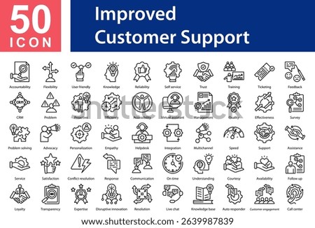 Improved Customer Support Collection of Icons with Outline Style Containing: Accountability,Flexibility,User friendly,Knowledge,Reliability,Self service,Trust,Training,Ticketing,Feedback,CRM,Problem