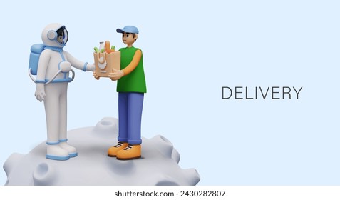 Improved delivery. Courier services for remote areas. Male character gives order to astronaut