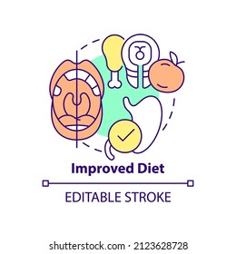 Icono de concepto de dieta mejorado. La mejora dental beneficia la ilustración abstracta de la línea delgada de la idea. Seleccionando aperitivos. Dibujo de contorno aislado. Trazo editable. Fuentes Arial, Myriad Pro-Bold utilizadas