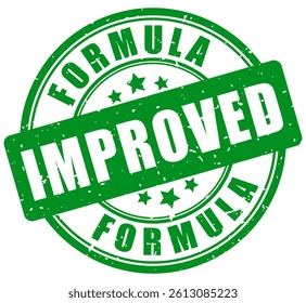 Improved formula green rubber stamp isolated on white background. New better quality and performance, business grunge guarantee seal for beauty products, cosmetics, medicaments or dietary supplement.