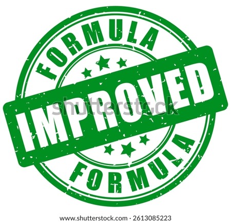 Improved formula green rubber stamp isolated on white background. New better quality and performance, business grunge guarantee seal for beauty products, cosmetics, medicaments or dietary supplement.