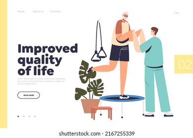 Improved Quality Of Life Concept Of Landing Page With Patient Exercising At Rehabilitation Therapy. Nurse Doctor Helping Man With Physical Disability At Physiotherapy. Cartoon Flat Vector Illustration