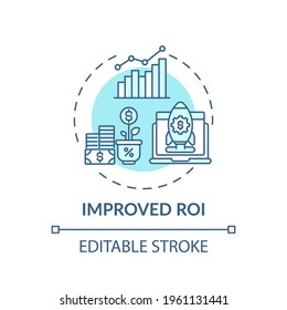 Improved ROI Concept Icon. Hybrid Event Idea Thin Line Illustration. Driving Revenue. Engaging With Sponsors On Virtual Platform. Vector Isolated Outline RGB Color Drawing. Editable Stroke