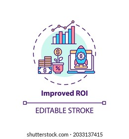 Improved ROI Concept Icon. Hybrid Event Idea Thin Line Illustration. Sponsorship Deals. Saving In Venue Costs. Increasing Audience Reach. Vector Isolated Outline RGB Color Drawing. Editable Stroke